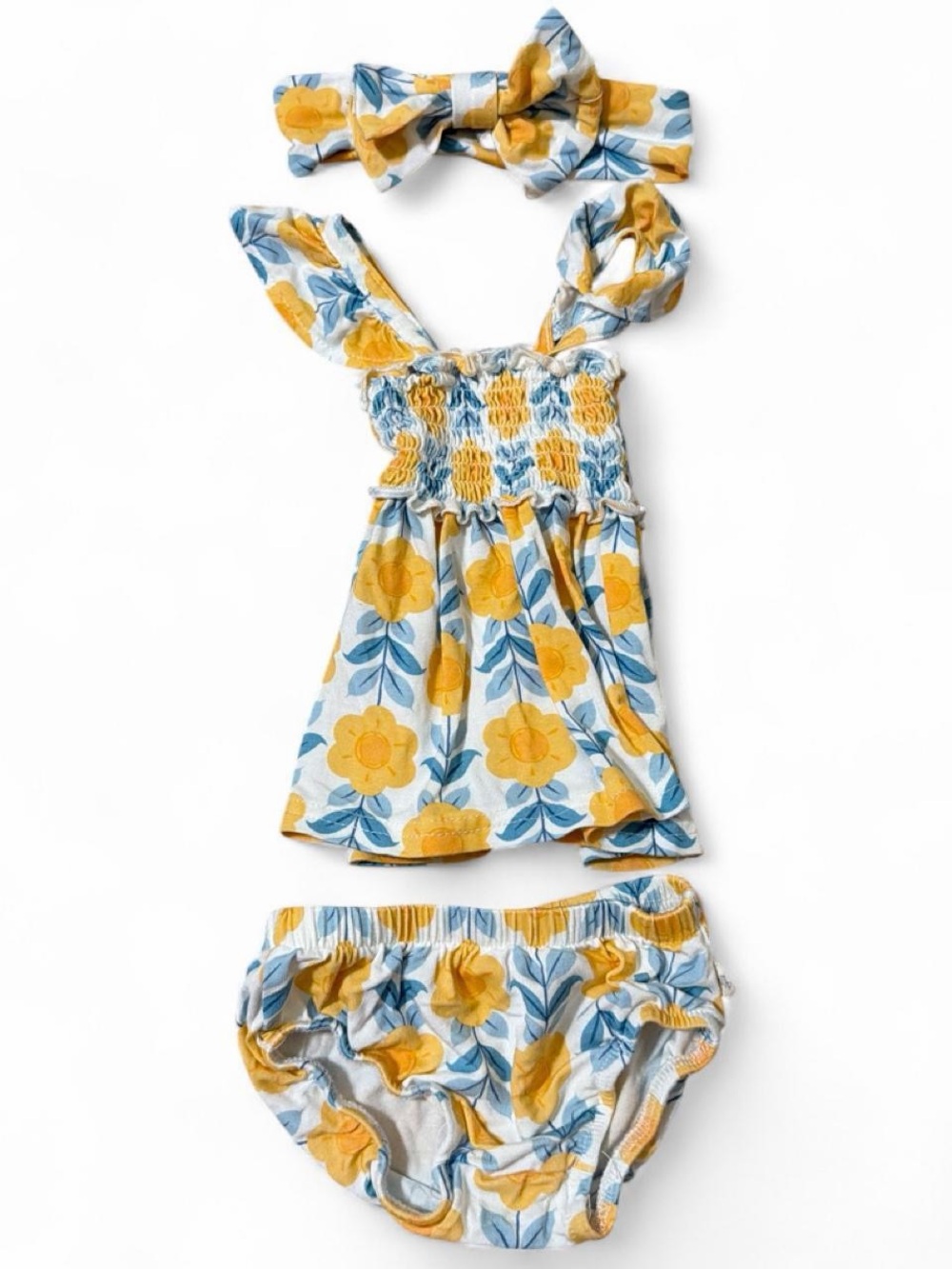 Milkberry Yellow Floral Smocked Baby One-Piece with Headband
